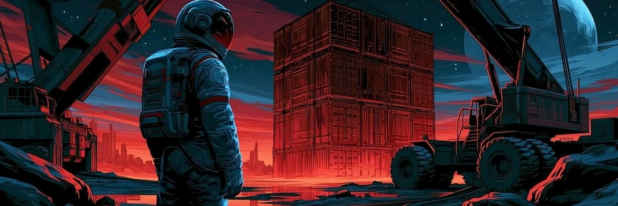 An astronaut watches cranes stack a tower of shipping containers under a red sky.