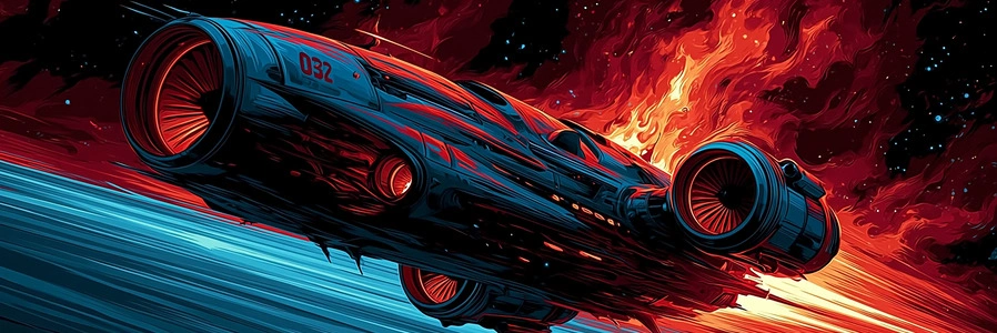 A spaceship streaks through space between a red wall of fire and a stream of blue light.