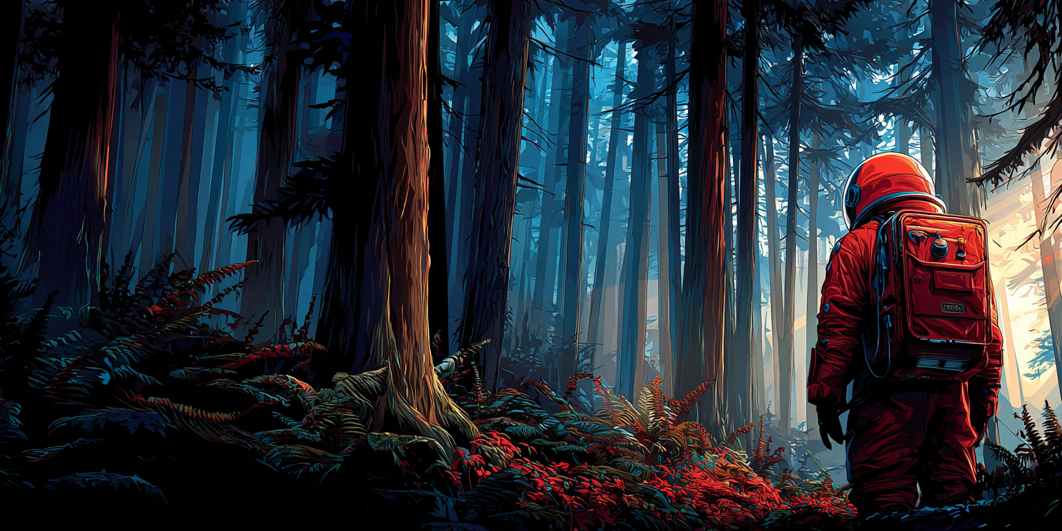 An astronaut wearing a red spacesuit and backpack stands in a dense, shadowy forest with tall trees and blue-tinted light filtering through, looking toward a brighter glow in the distance.