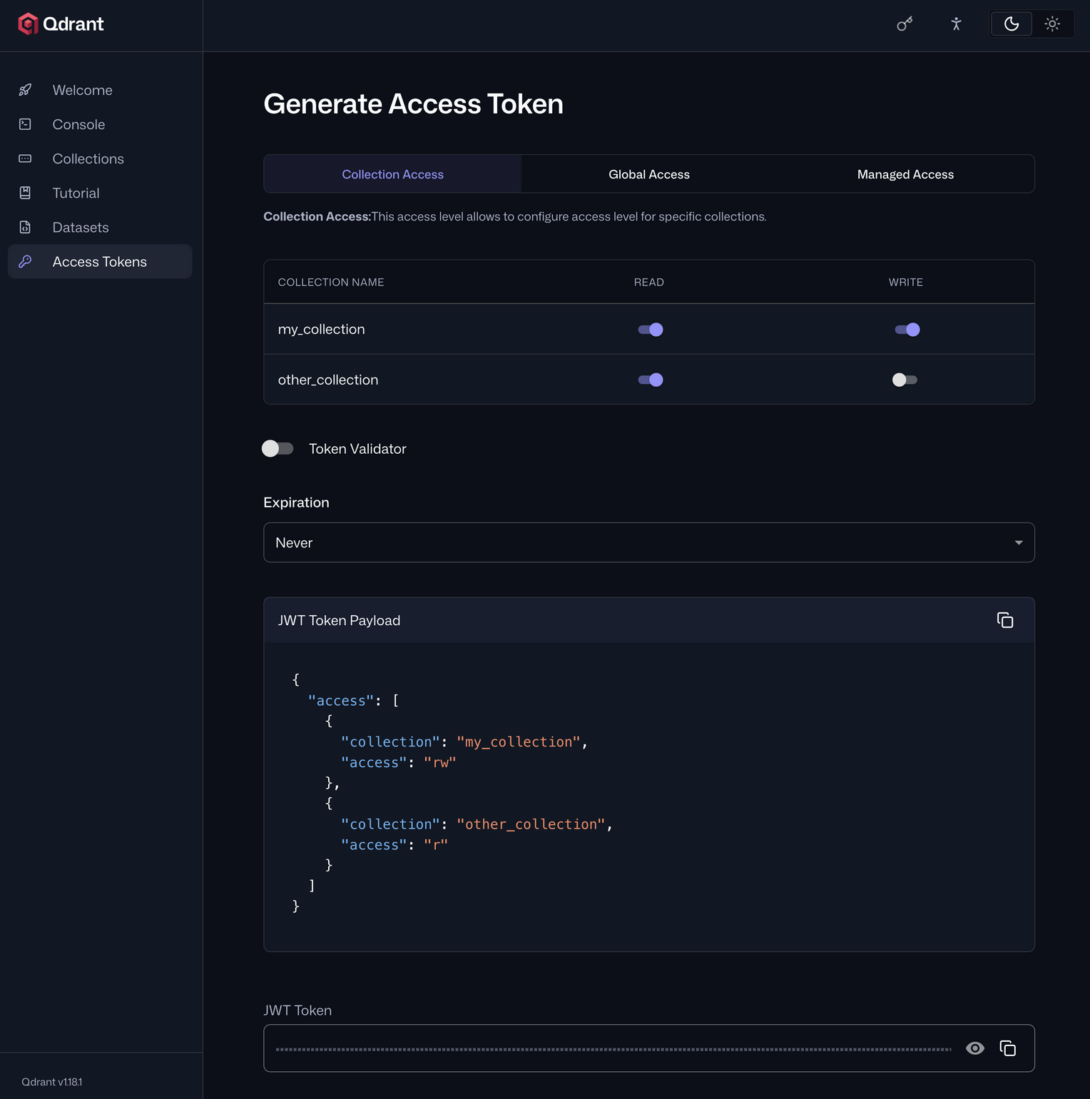 Qdrant Web UI for generating a new access token.