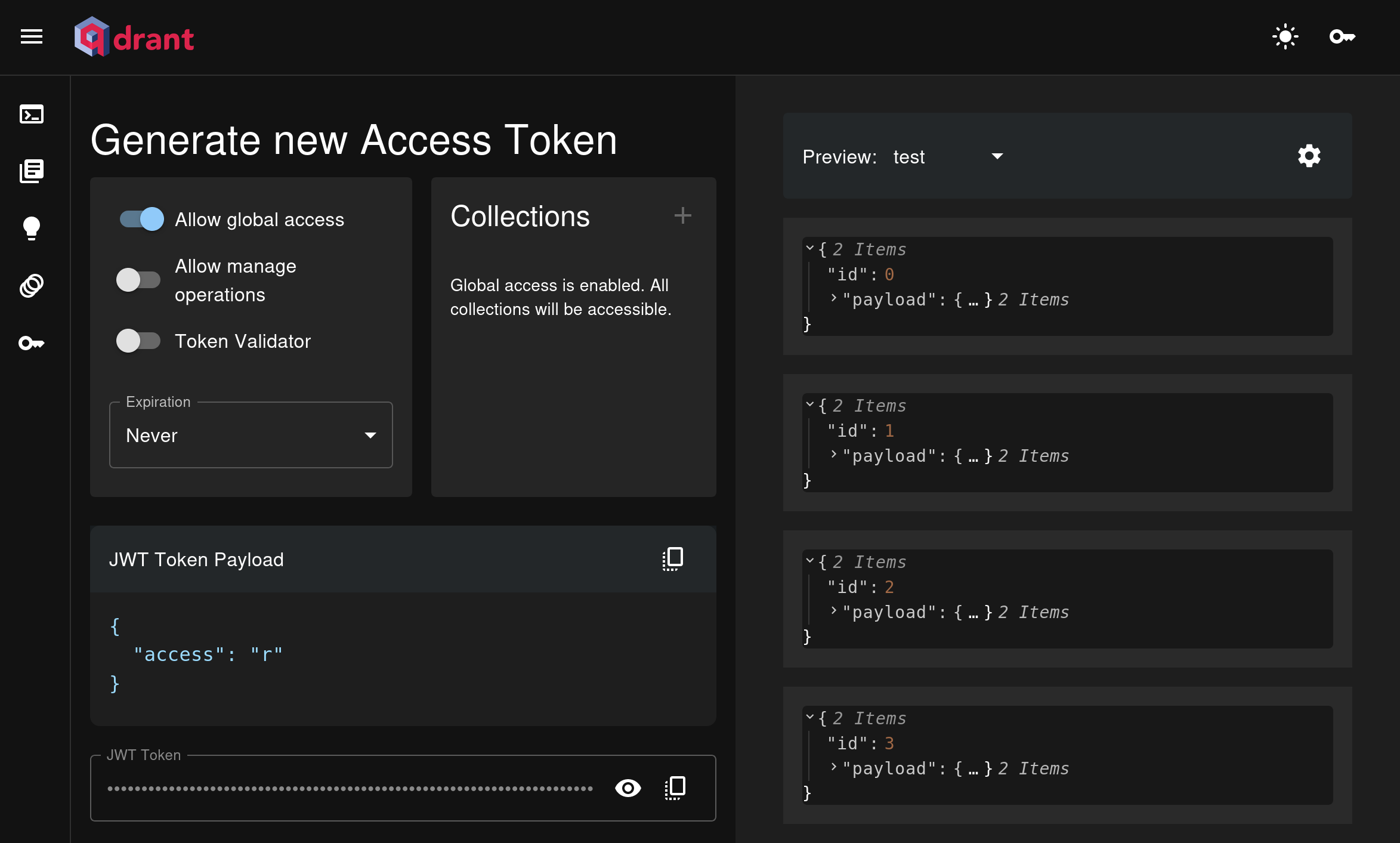 Qdrant Web UI for generating a new access token.