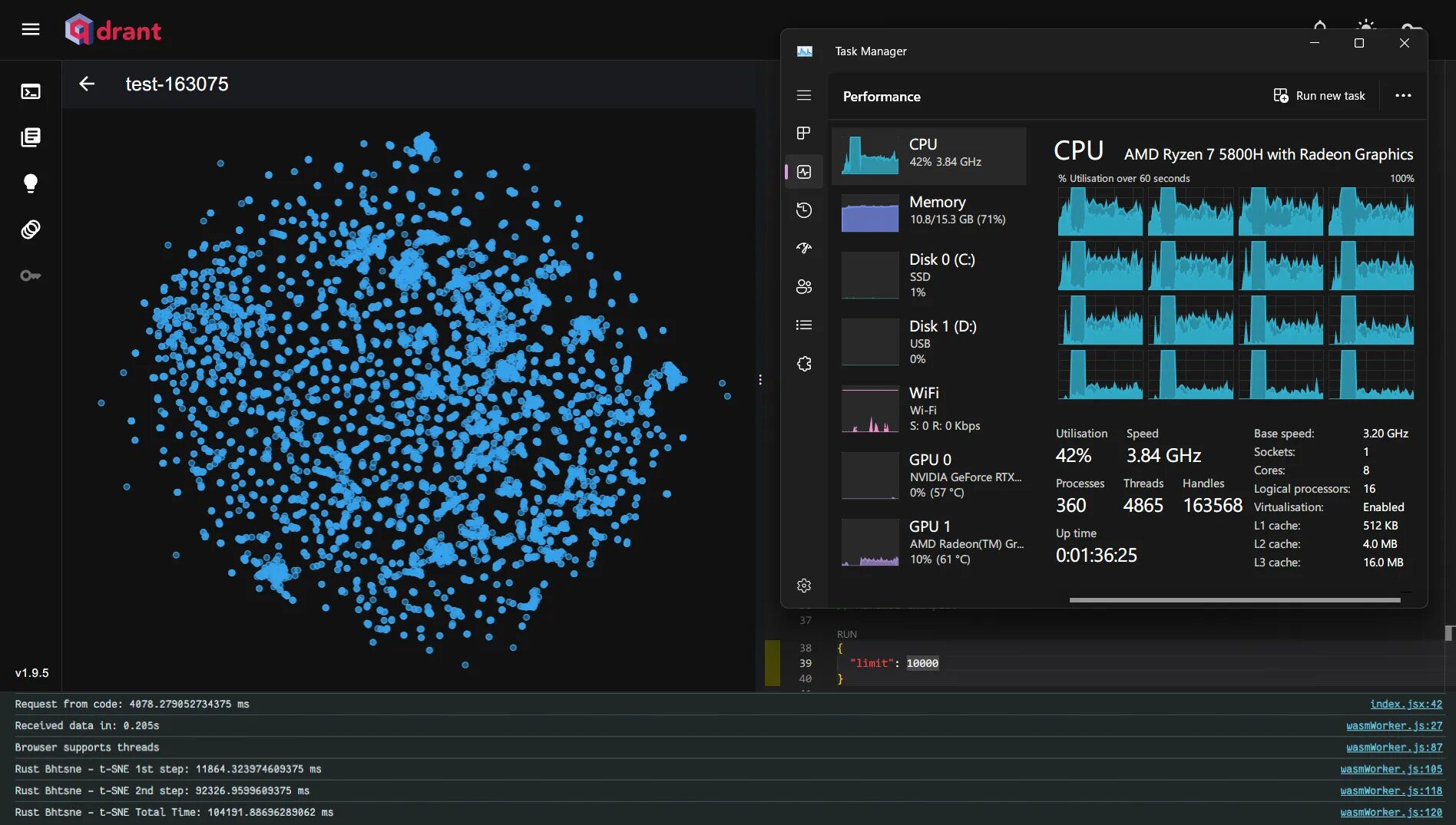 Historical Web UI screenshot with a Barnes-Hut t-SNE timing of 104.191 seconds