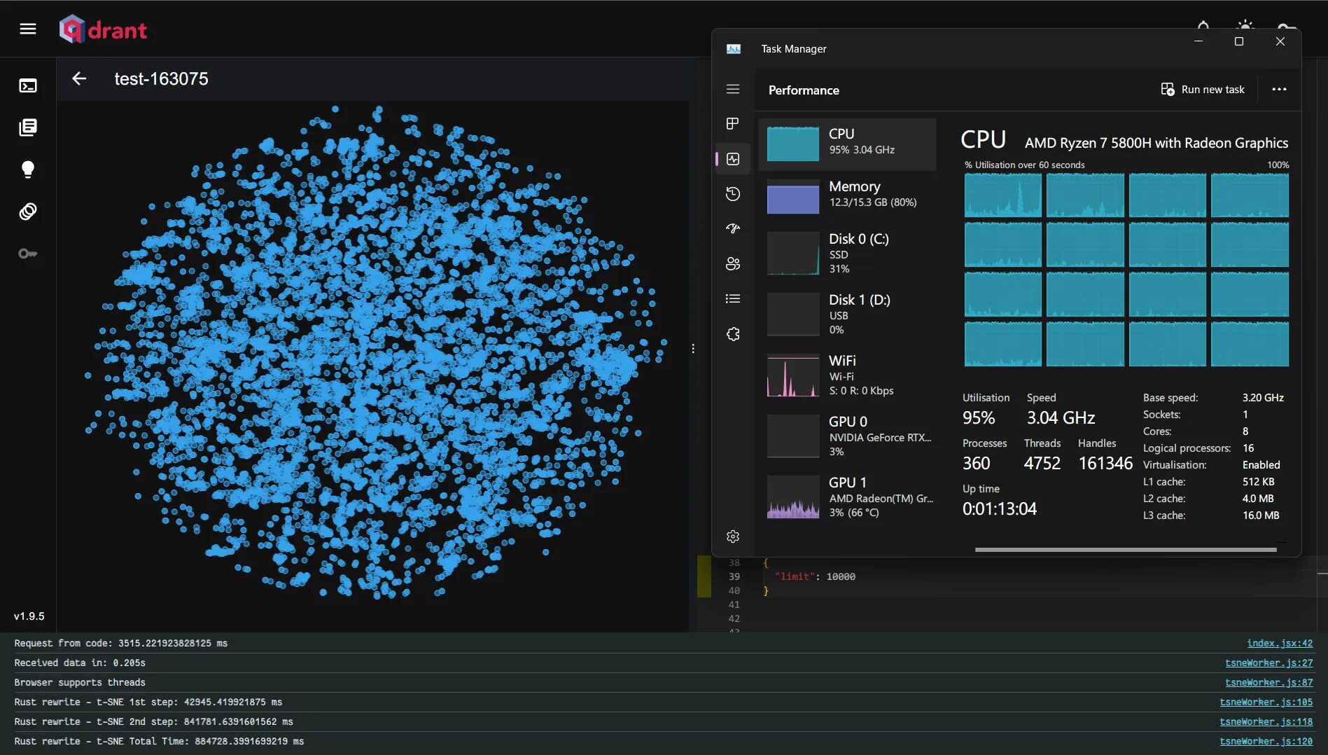 Historical Web UI screenshot with an exact t-SNE timing of 884.728 seconds