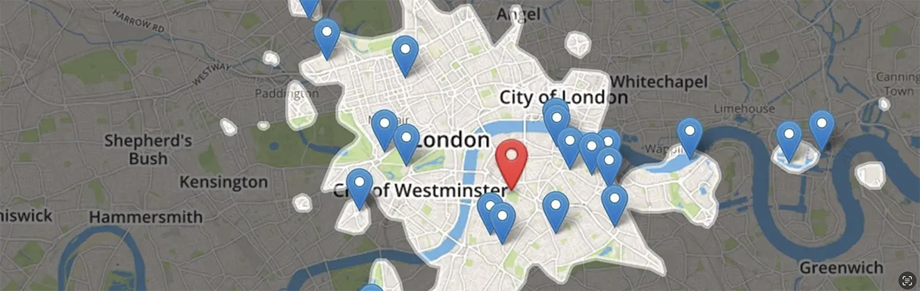 Map of London with locations inside an irregular search boundary