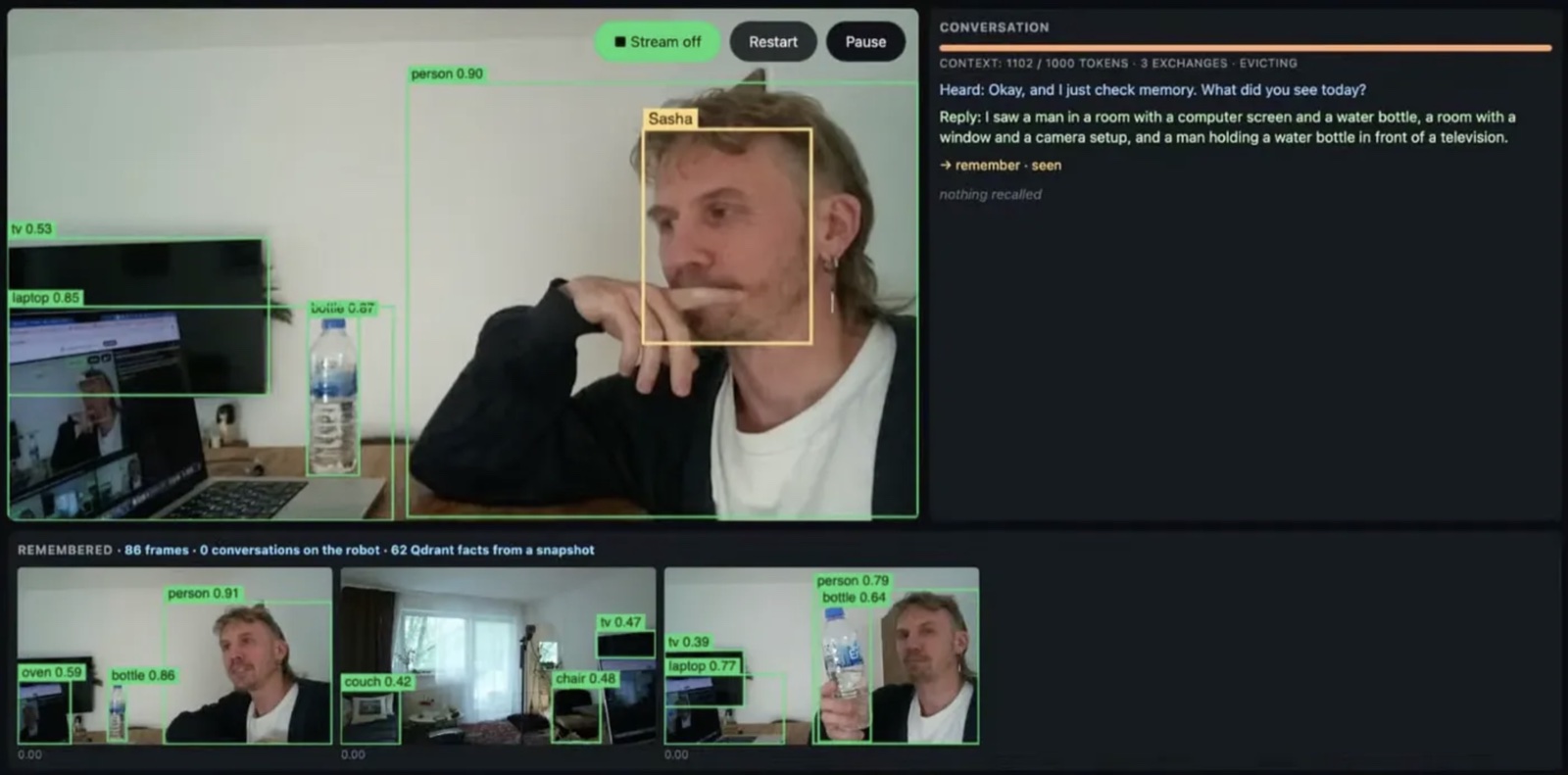 Reachy answering &ldquo;What did you see today?&rdquo; on the stream, with the recalled frames visible on the dashboard