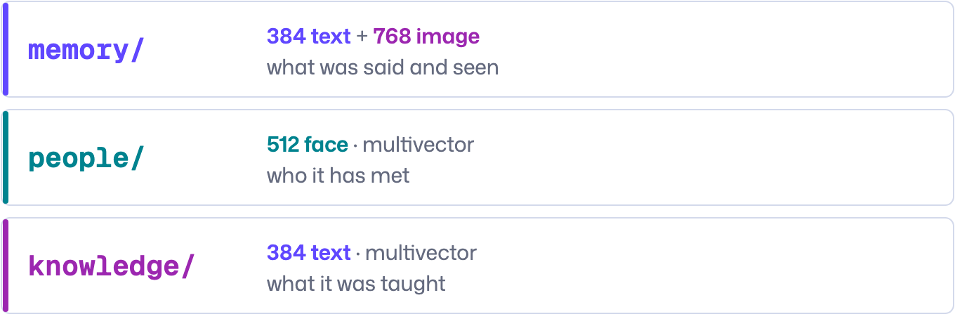 Three Qdrant Edge shards on the robot: memory with a text and an image vector, people with a face multivector, and knowledge with a text multivector