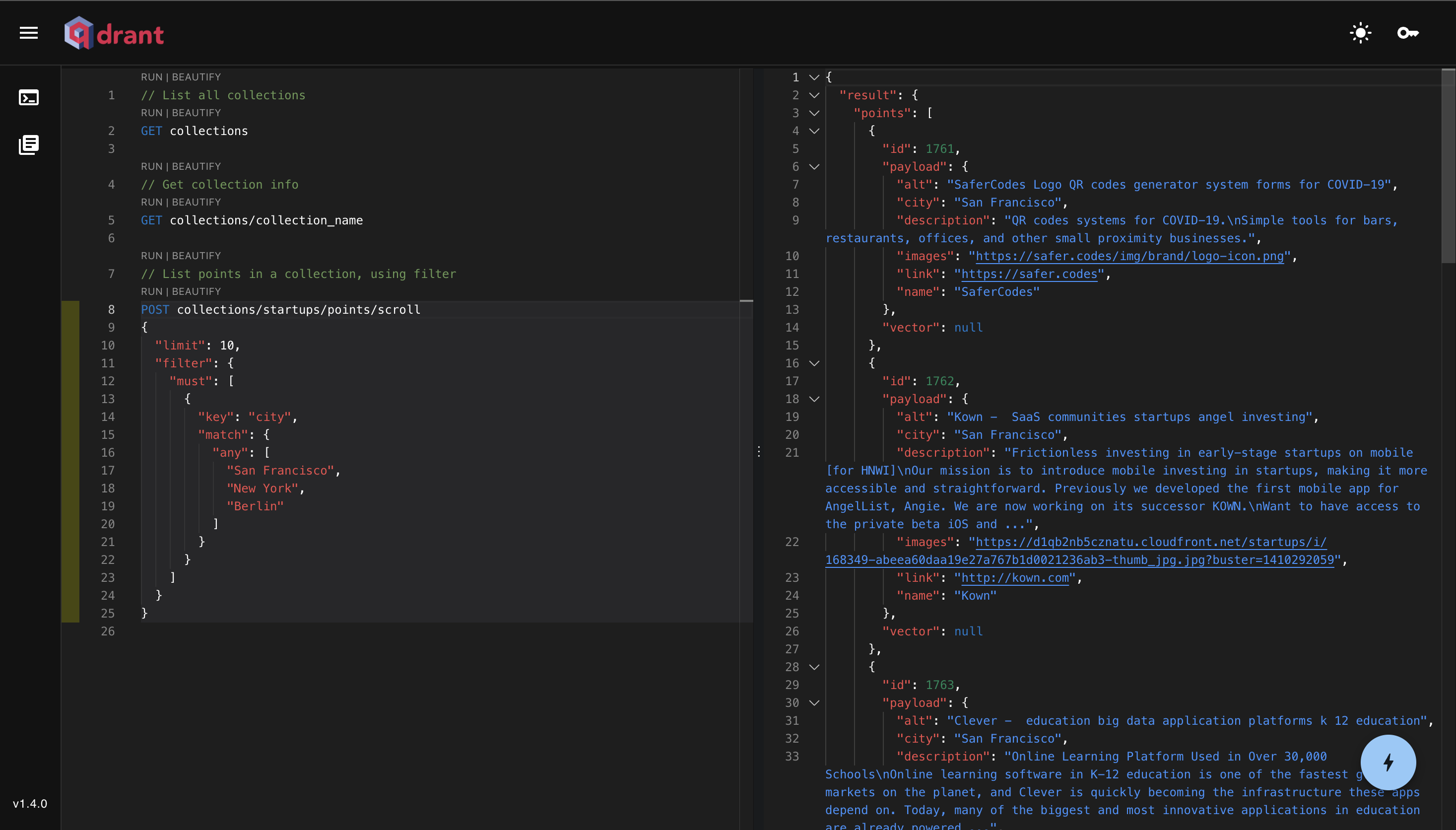 Query editor with a request and its Qdrant response