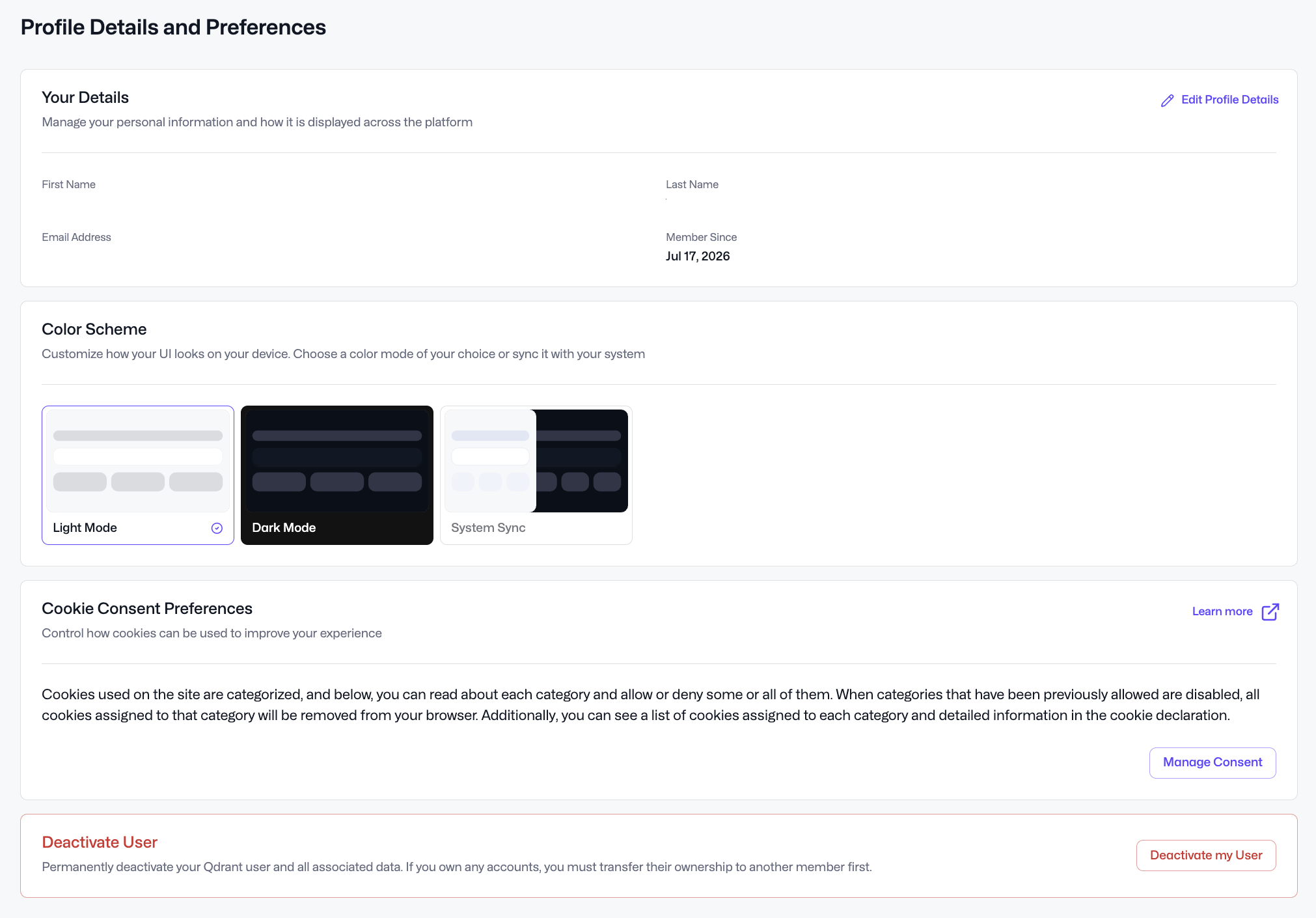 Profile details and preferences