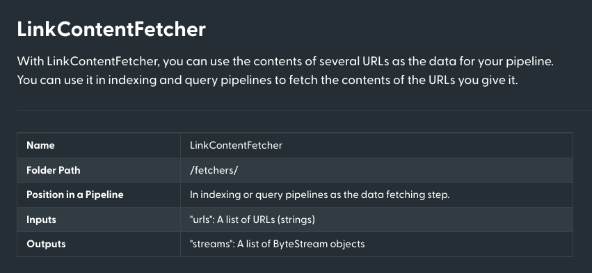 Parameters of the LinkContentFetcher