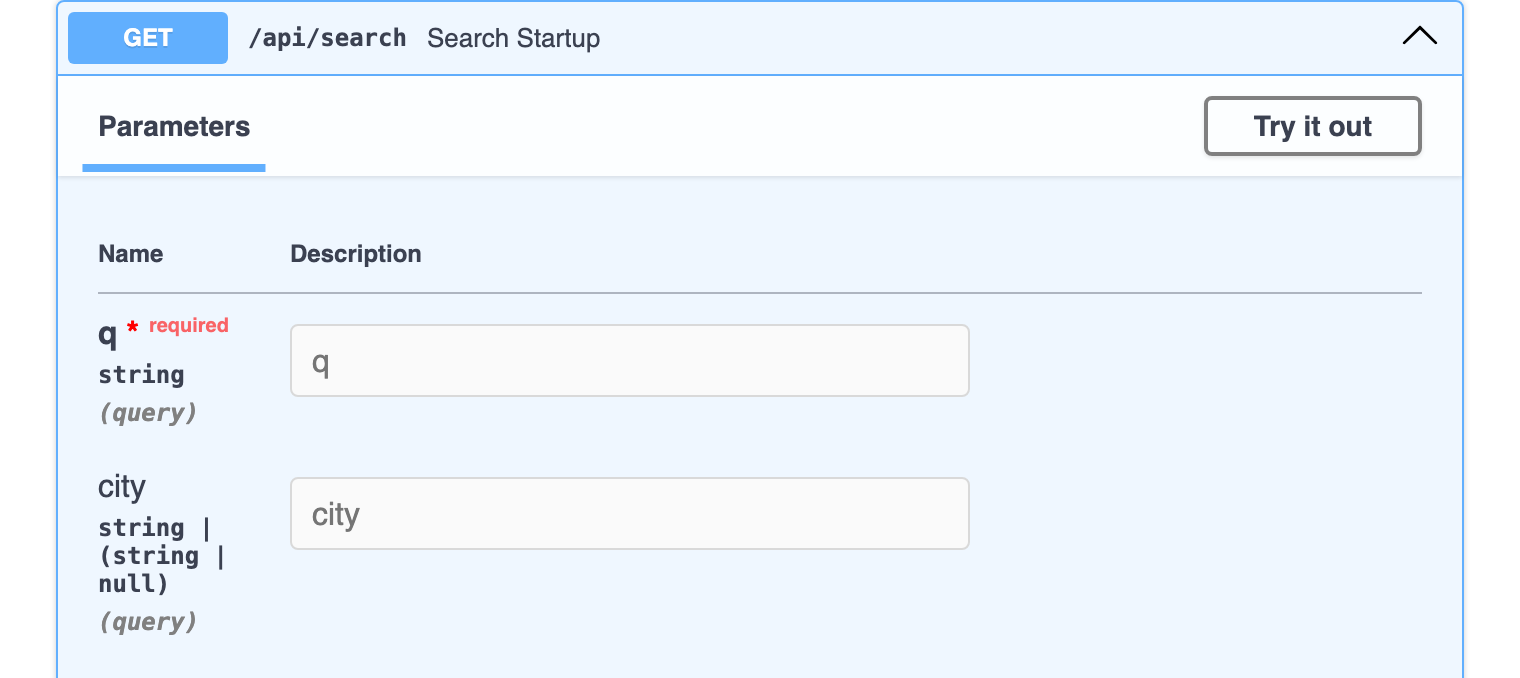 FastAPI Swagger interface with the search endpoint and its q and city parameters