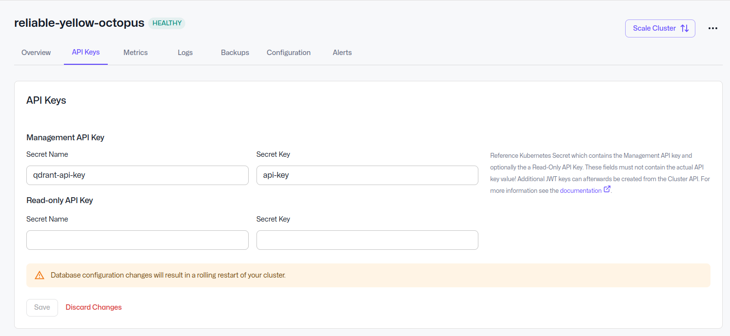 Qdrant Cloud UI page showing how to set up the API key based on the Kubernetes secret we just created