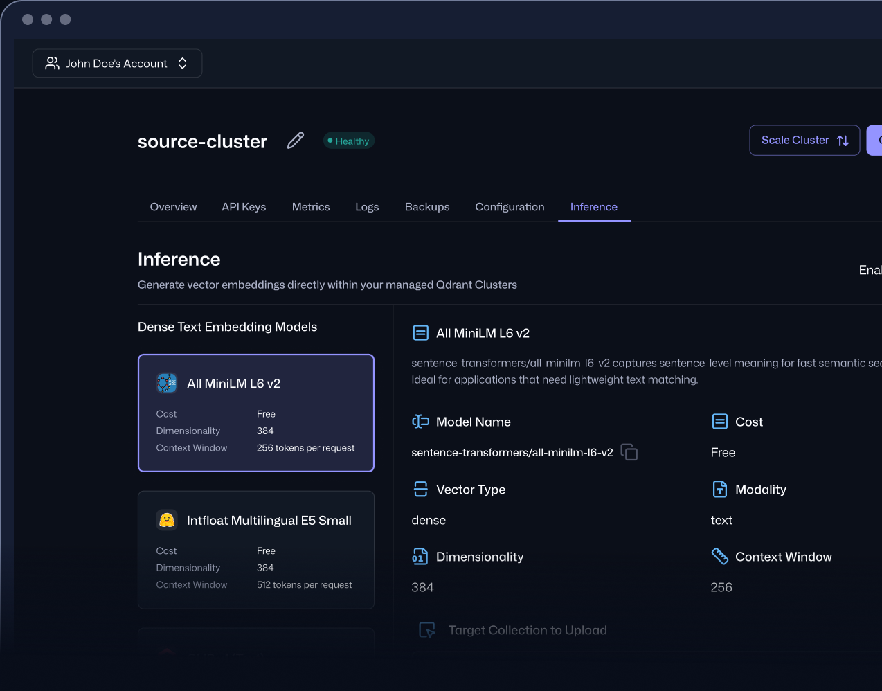 Qdrant Cloud console showing the Inference tab with dense text embedding models