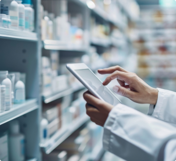 The hands of a person in a medical gown holding a tablet against the background of a pharmacy shop