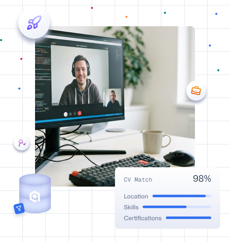 HR Tech illustration with hiring dashboard and candidate matching